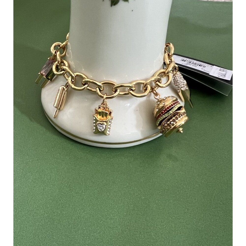 Kate Spade FAST FOOD CHARM 12-K Gold Plated Brass CZ Crystals Charm Bracelet NWT